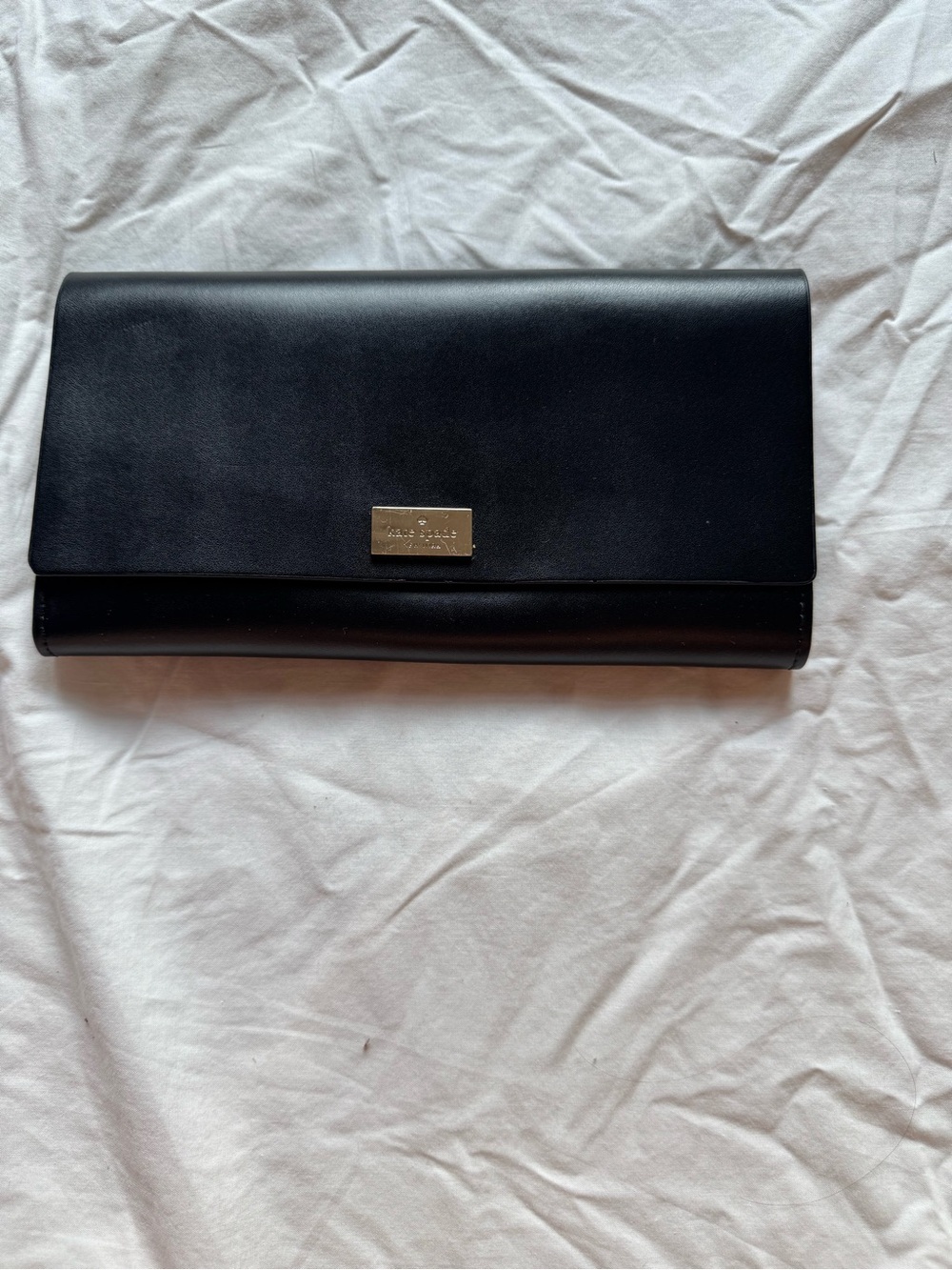 kate spade Black Leather Foldover Wristlet Clutch with Gold Plaque